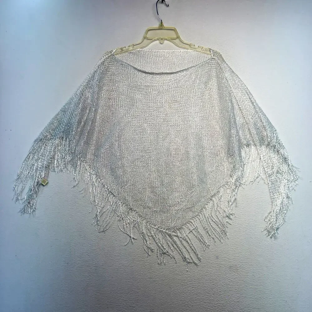 Women Silver white Knit Fringe Shawl Wrap lightweight party glam layering